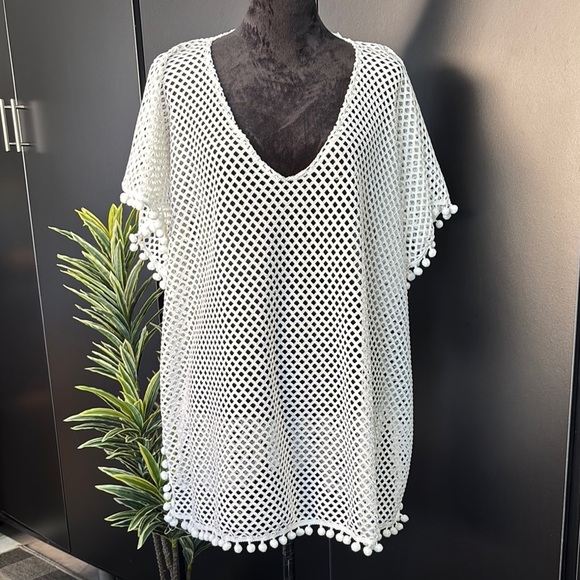 Ana & Rose Crocheted mid length swim coverup, Pom Pom edge detail,see thru OS - Picture 1 of 9